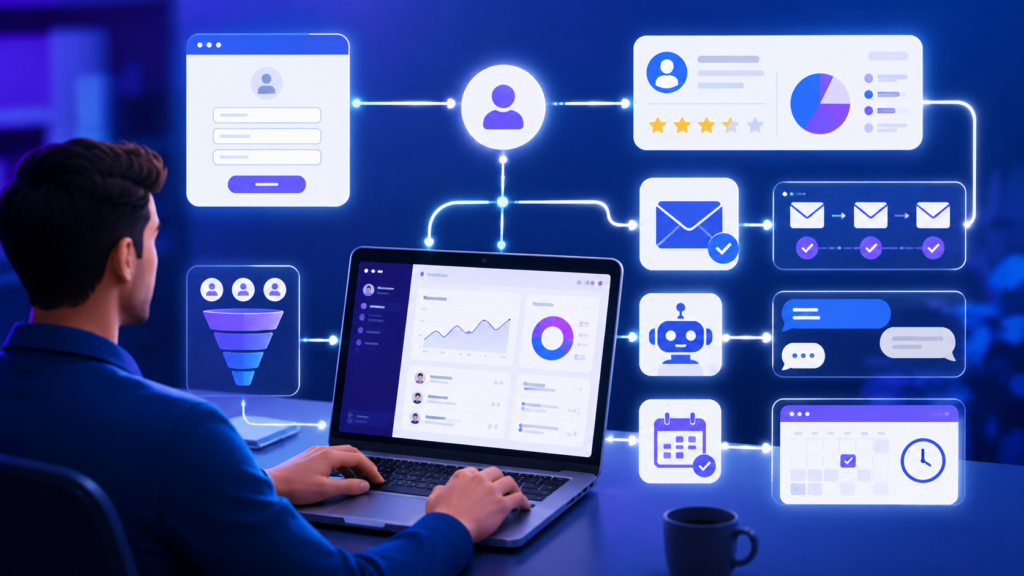 Automated lead generation workflow showing CRM dashboard, website lead capture forms, email automation, chatbot support, sales funnel, and appointment booking system for business growth.