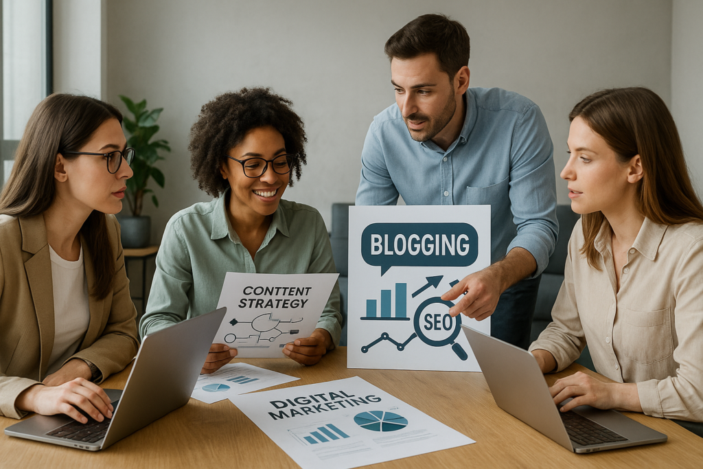 Professional team working on blogging for SEO strategy in modern office