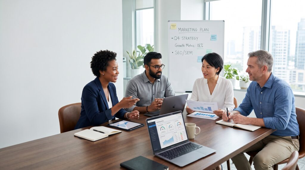 Choose digital marketing agency team collaborating in modern office