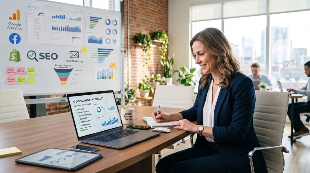 Small business owner using digital growth checklist on laptop