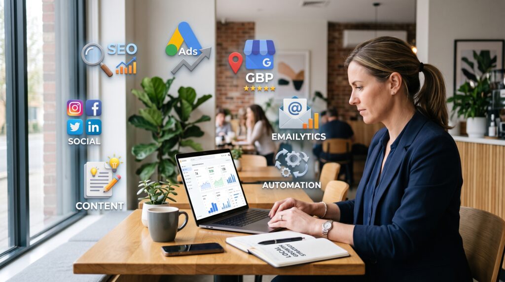 Local business owner reviewing digital marketing channels on laptop screen