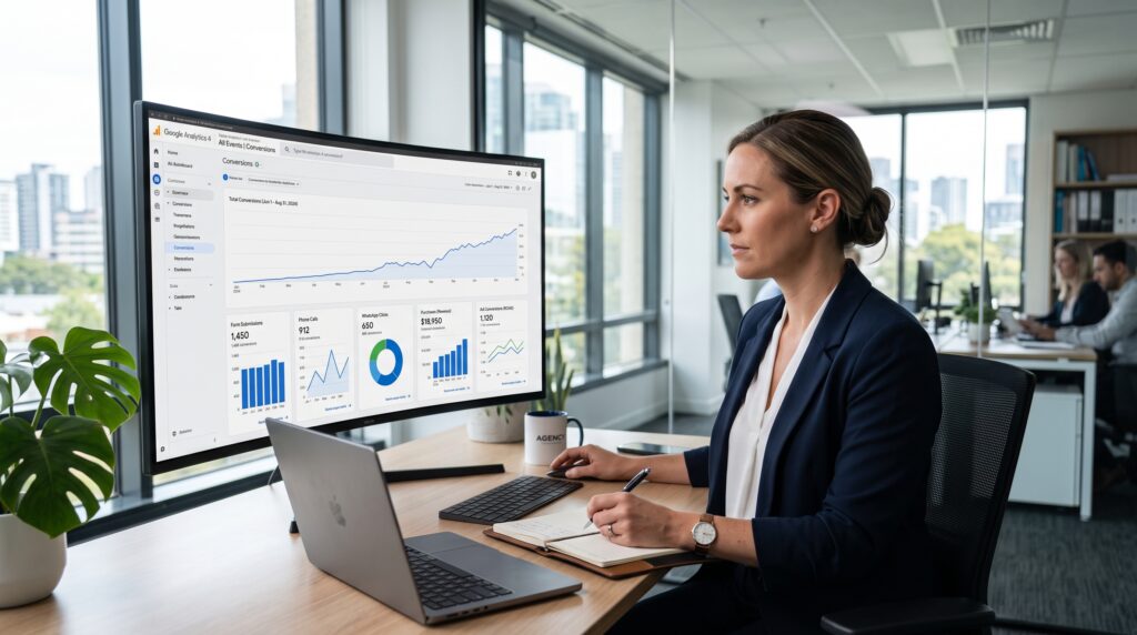 Business owner reviewing GA4 conversion tracking data on screen
