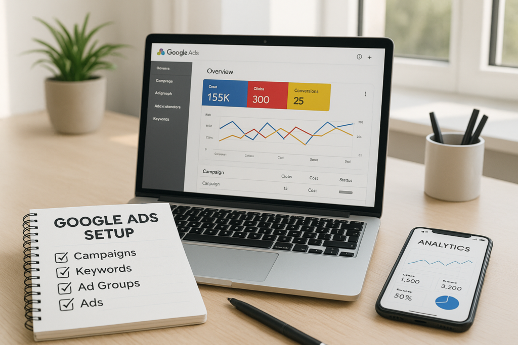 Google Ads for small business setup checklist on laptop screen