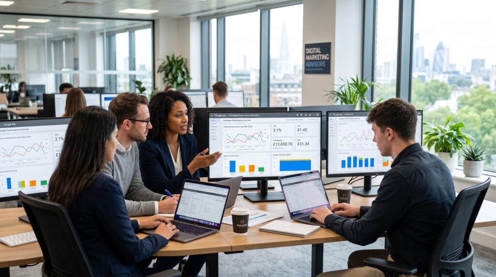Google Ads mistakes analysis on digital marketing team screens