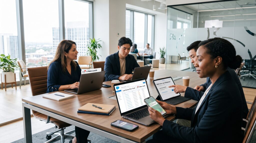 Lead follow up automation in a modern office with team managing messages