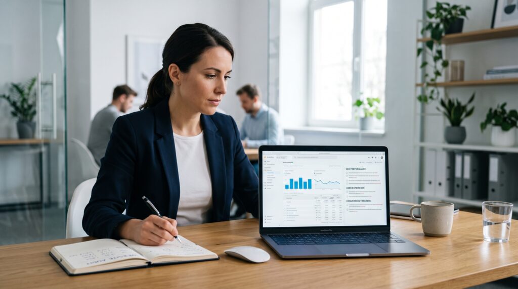 Website audit checklist on a laptop screen during a professional digital marketing review