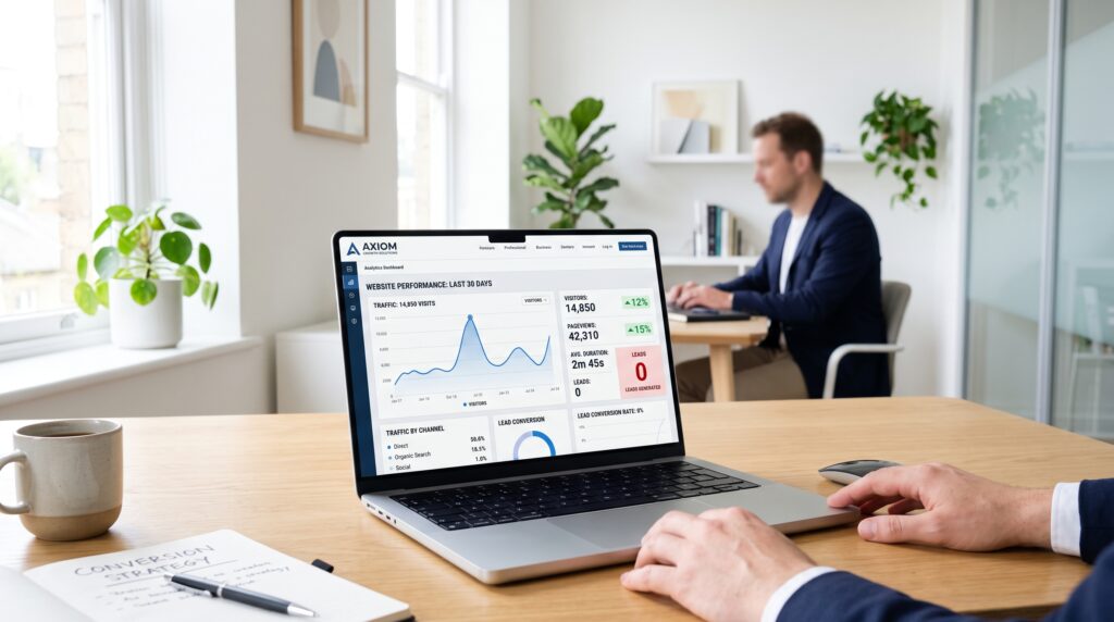 Website traffic but no leads shown on a professional business laptop screen